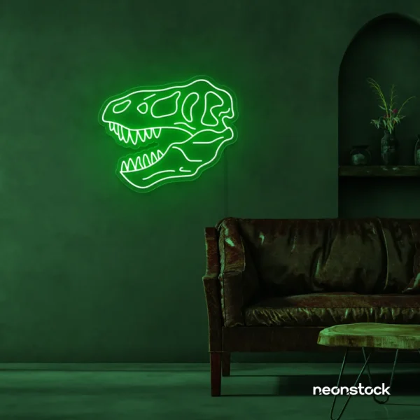 Dinosaur skull neon sign in deep green for prehistoric wall art and edgy decor.
