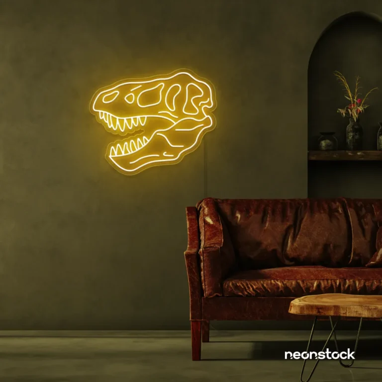 Dinosaur skull neon sign in golden yellow for prehistoric wall art and edgy decor.