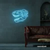 Dinosaur skull neon sign in ice blue for prehistoric wall art and edgy decor.