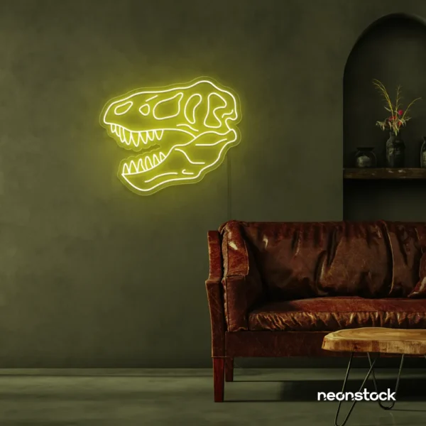 Dinosaur skull neon sign in lemon yellow for prehistoric wall art and edgy decor.