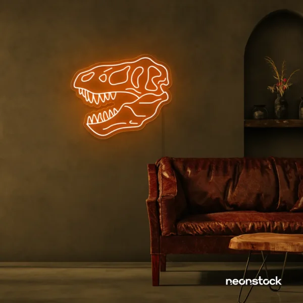 Dinosaur skull neon sign in orange for prehistoric wall art and edgy decor.