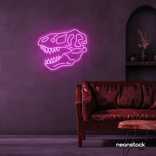 Dinosaur skull neon sign in pink for prehistoric wall art and edgy decor.