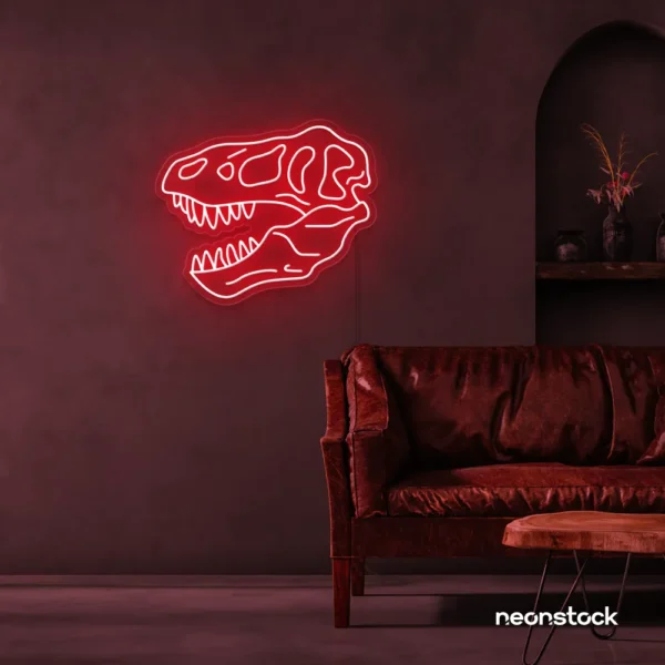 Dinosaur skull neon sign in red for prehistoric wall art and edgy decor.