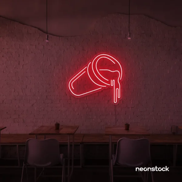 Spilling drink cup neon sign in red for coffee shops, juice bars, and beverage-themed decor.