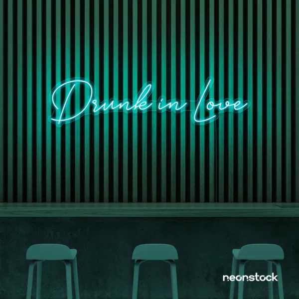 Drunk In Love neon sign in mint green for wedding decor, engagement parties, romantic celebrations