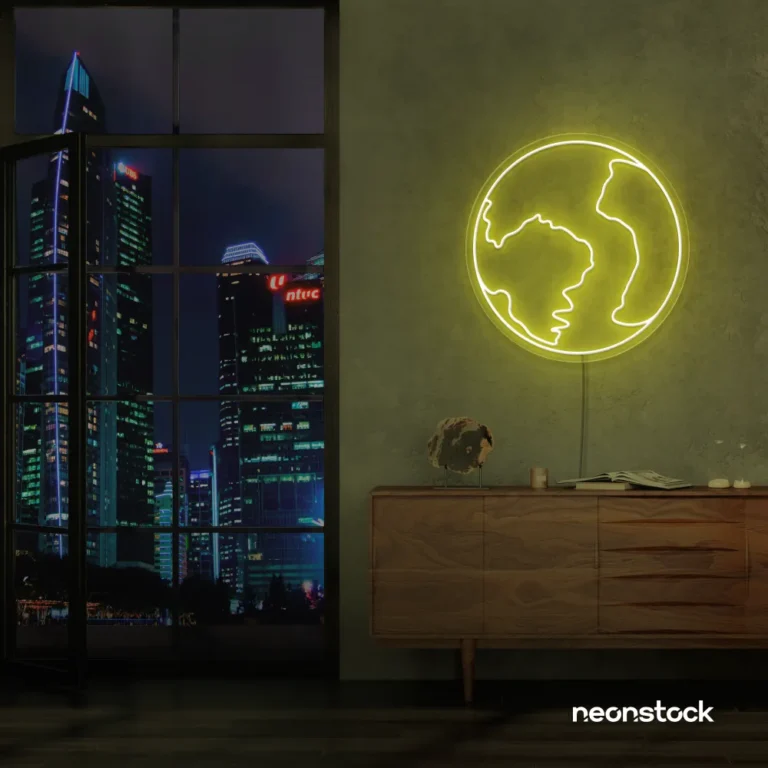 Earth neon sign in lemon yellow – glowing LED planet decor for nature lovers and science fans.