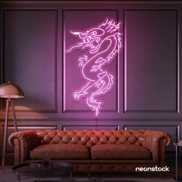 Dragon neon sign in baby pink – bold LED mythical creature light for man caves and gaming rooms.
