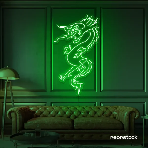 Dragon neon sign in deep green – bold LED mythical creature light for man caves and gaming rooms.