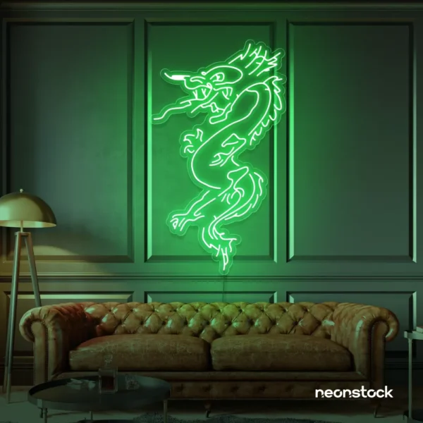 Dragon neon sign in green – bold LED mythical creature light for man caves and gaming rooms.