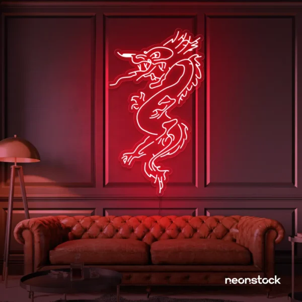 Dragon neon sign in red – bold LED mythical creature light for man caves and gaming rooms.