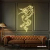 Dragon neon sign in warm white – bold LED mythical creature light for man caves and gaming rooms.