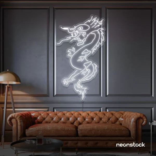 Dragon neon sign in white – bold LED mythical creature light for man caves and gaming rooms.
