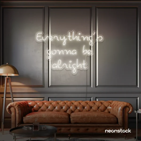 Everything's Gonna Be Alright neon sign in neutral white for calming interiors, wellness decor, and positive spaces.