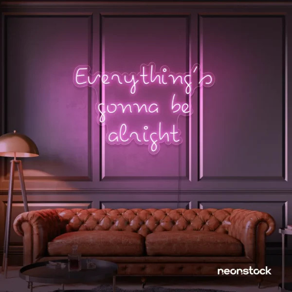 Everything's Gonna Be Alright neon sign in baby pink for calming interiors, wellness decor, and positive spaces.