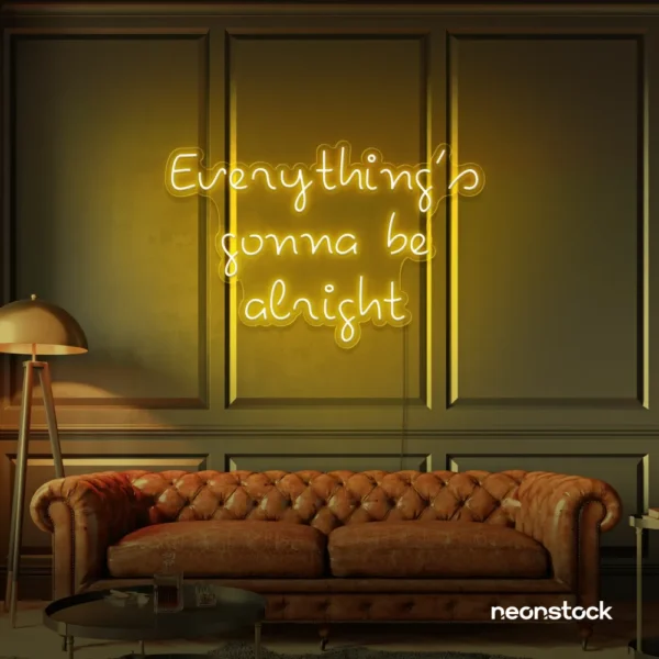 Everything's Gonna Be Alright neon sign in golden yellow for calming interiors, wellness decor, and positive spaces.