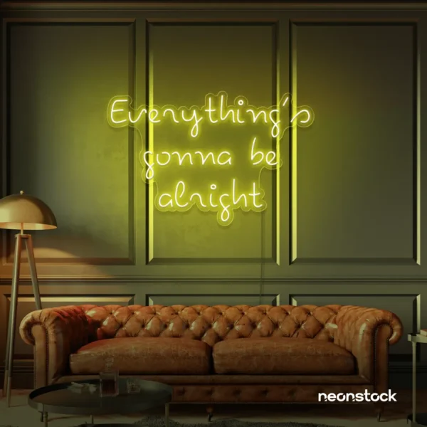 Everything's Gonna Be Alright neon sign in lemon yellow for calming interiors, wellness decor, and positive spaces.