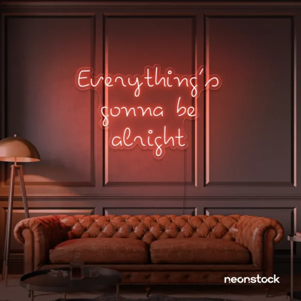 Everything's Gonna Be Alright neon sign in peachy pink for calming interiors, wellness decor, and positive spaces.