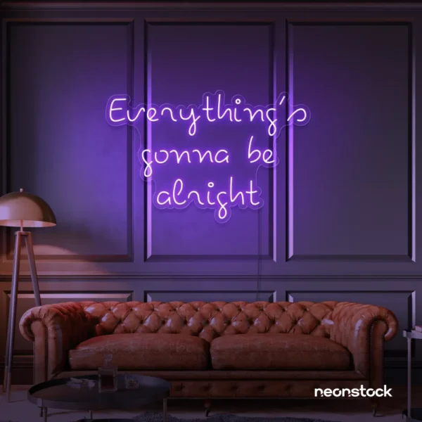 Everything's Gonna Be Alright neon sign in purple for calming interiors, wellness decor, and positive spaces.