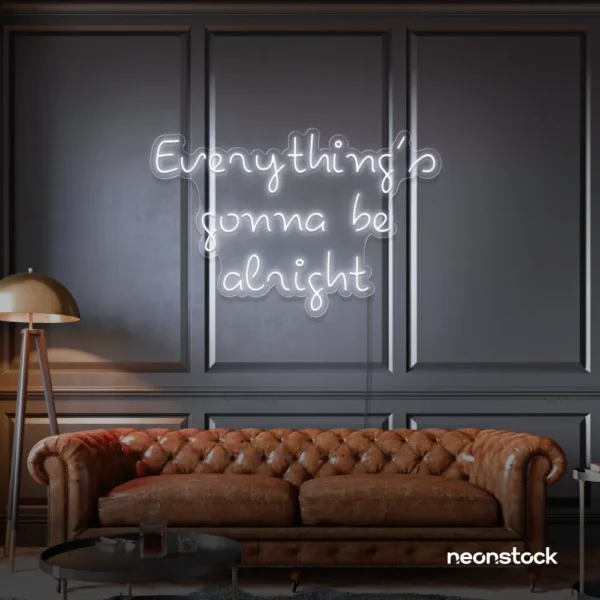 Everything's Gonna Be Alright neon sign in white for calming interiors, wellness decor, and positive spaces.