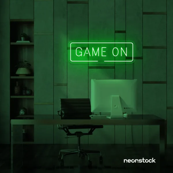 Game On neon sign in deep green for gaming setups, man caves, and kids' rooms.