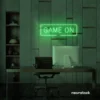 Game On neon sign in green for gaming setups, man caves, and kids' rooms.
