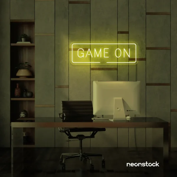 Game On neon sign in lemon yellow for gaming setups, man caves, and kids' rooms.