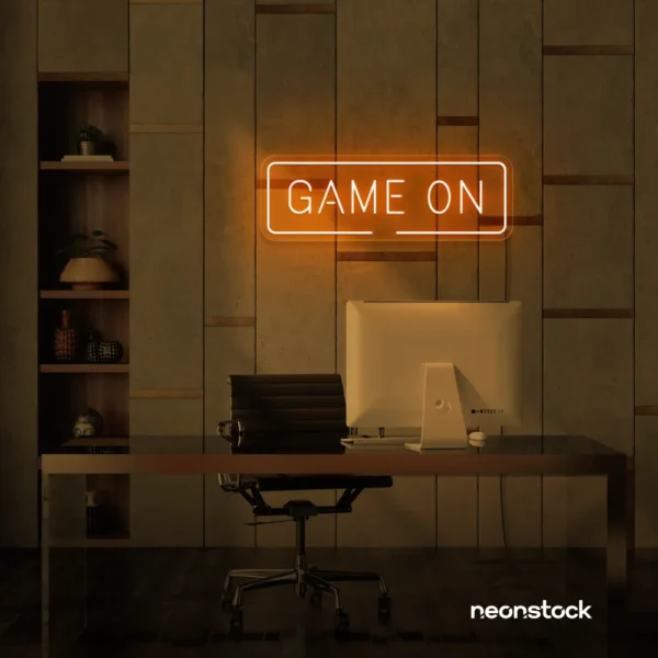 Game On neon sign in orange for gaming setups, man caves, and kids' rooms.