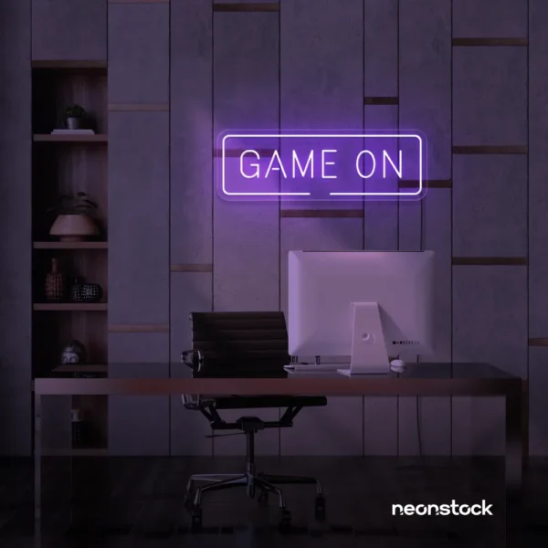 Game On neon sign in purple for gaming setups, man caves, and kids' rooms.