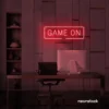 Game On neon sign in red for gaming setups, man caves, and kids' rooms.