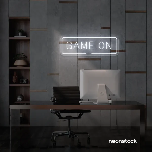 Game On neon sign in white for gaming setups, man caves, and kids' rooms.