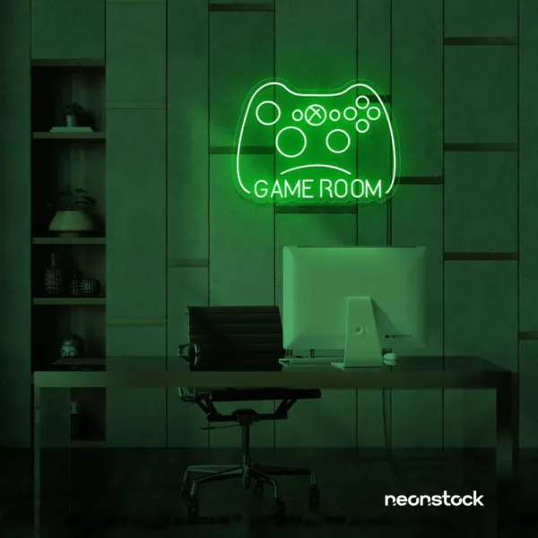 Gaming controller neon sign in deep green for game rooms, stream setups, and kids' walls.