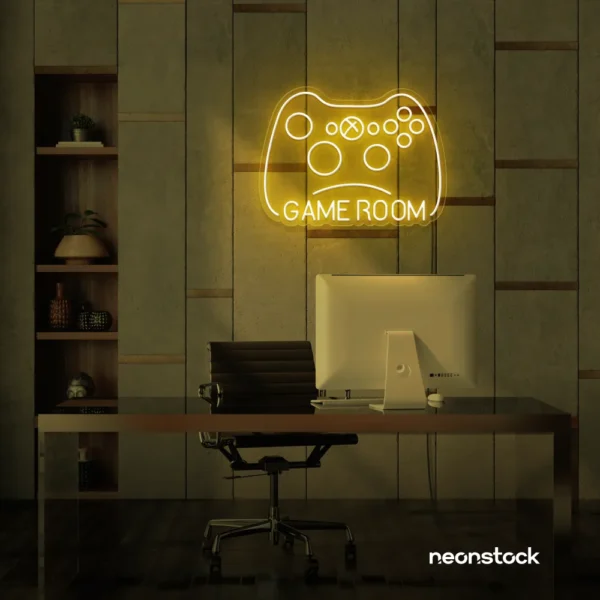 Gaming controller neon sign in golden yellow for game rooms, stream setups, and kids' walls.