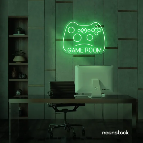 Gaming controller neon sign in green for game rooms, stream setups, and kids' walls.