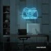 Gaming controller neon sign in ice blue for game rooms, stream setups, and kids' walls.