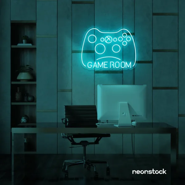 Gaming controller neon sign in mint green for game rooms, stream setups, and kids' walls.