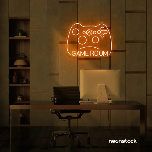 Gaming controller neon sign in orange for game rooms, stream setups, and kids' walls.