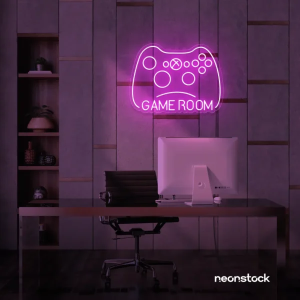 Gaming controller neon sign in pink for game rooms, stream setups, and kids' walls.