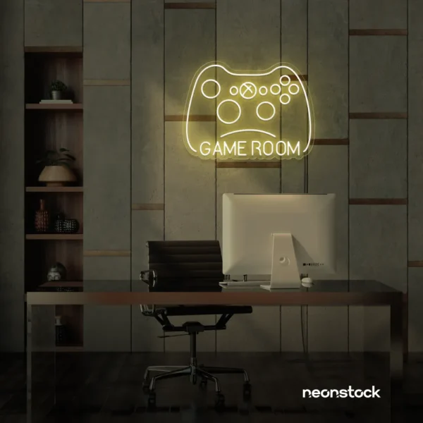 Gaming controller neon sign in warm white for game rooms, stream setups, and kids' walls.