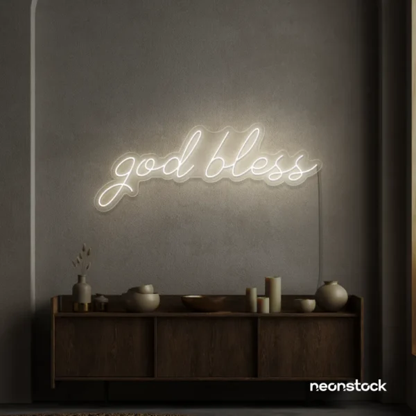 God Bless neon sign in neutral white for baptism celebrations, religious events, and spiritual decor.