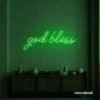 God Bless neon sign in deep green for baptism celebrations, religious events, and spiritual decor.