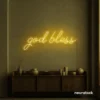 God Bless neon sign in golden yellow for baptism celebrations, religious events, and spiritual decor.