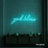 God Bless neon sign in mint green for baptism celebrations, religious events, and spiritual decor.