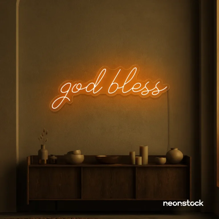 God Bless neon sign in orange for baptism celebrations, religious events, and spiritual decor.