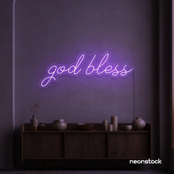 God Bless neon sign in purple for baptism celebrations, religious events, and spiritual decor.