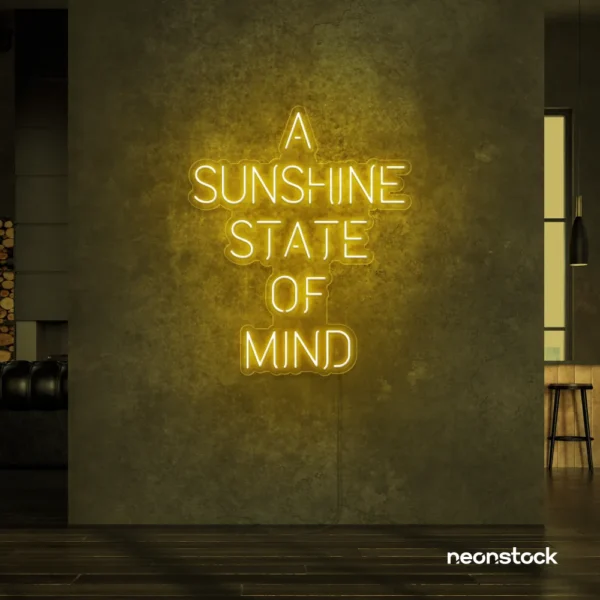 A Sunshine State of Mind neon sign in golden yellow for beachy decor, positive vibes, and cozy spaces.