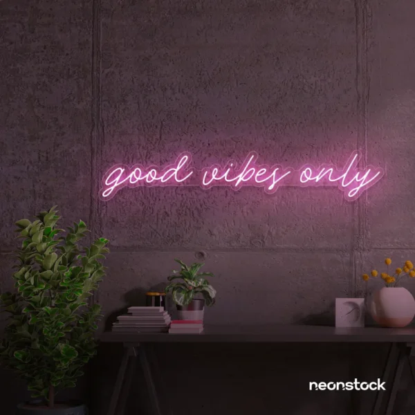 Good Vibes Only neon sign in baby pink for dorm rooms, coffee shops, and positivity-filled spaces.
