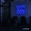 Good Vibes Only neon sign in dark blue for home, bar, or garage wall decor.