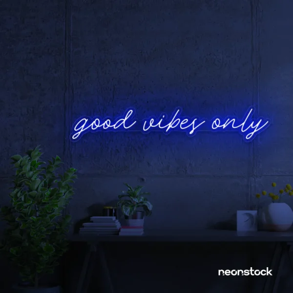Good Vibes Only neon sign in dark blue for dorm rooms, coffee shops, and positivity-filled spaces.