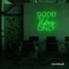 Good Vibes Only neon sign in deep green for home, bar, or garage wall decor.