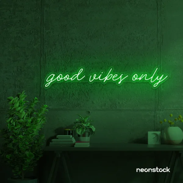 Good Vibes Only neon sign in deep green for dorm rooms, coffee shops, and positivity-filled spaces.